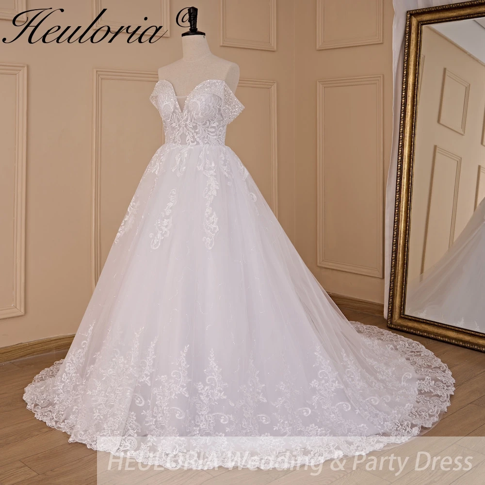 Vestido de novia de princesa HEULORIA, falda brillante con hombros descubiertos, apliques de encaje, vestido de novia blanco de talla grande personalizado