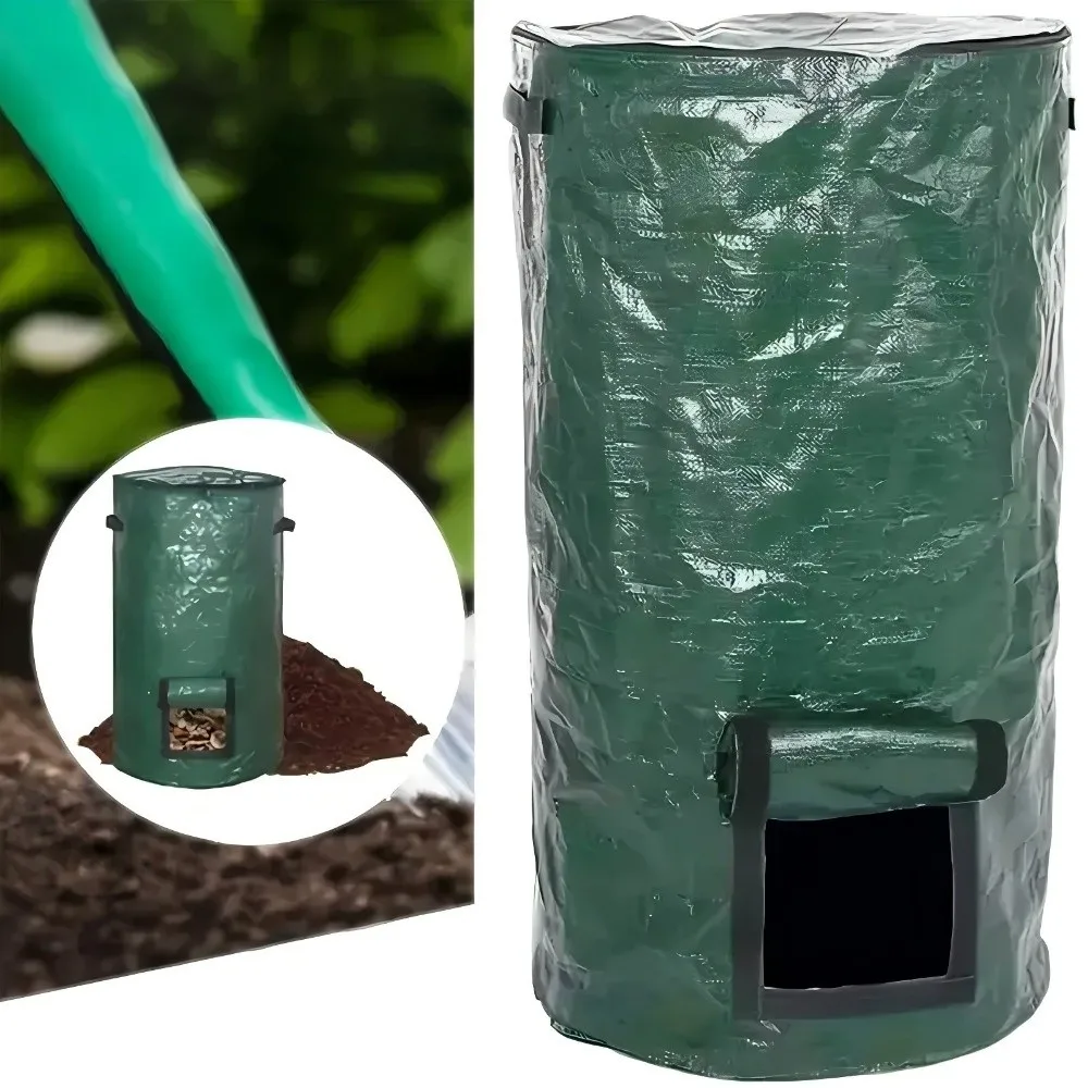 Wear Resist Compost Bin Bag Sealed with Handles Yard Garbage Bag Zippered Lid Collapsible Refuse Composter Fruit Kitchen Waste
