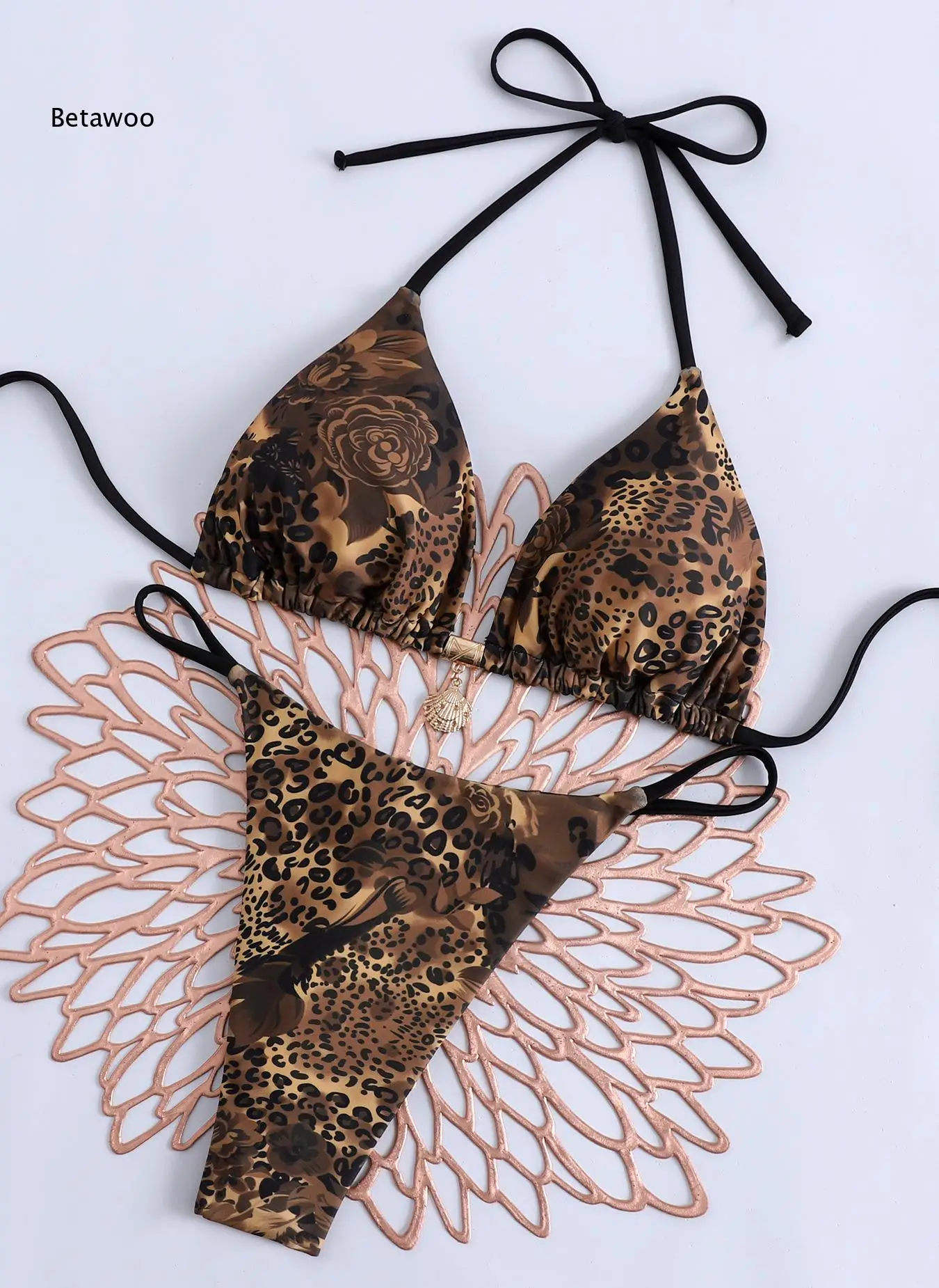 Vintage Leopard Floral Halter String Tie Two Piece Bikini Outfit