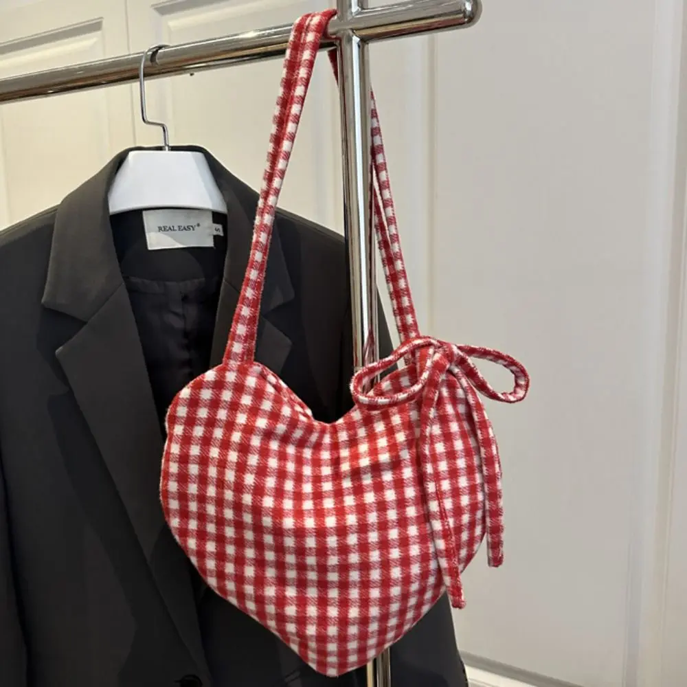 Fashion Cloth Heart Shoulder Bag Grid Printed Red Plaid Tote Bag Large Capacity Lightweight Women's Handbag Vacation