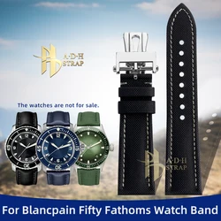 Fiber Nylon Plaid Leather Strap For Blancpain Fifty Fathoms 5000 5015 Watch Bands 23mm Folding Buckle Style Bracelet For Men