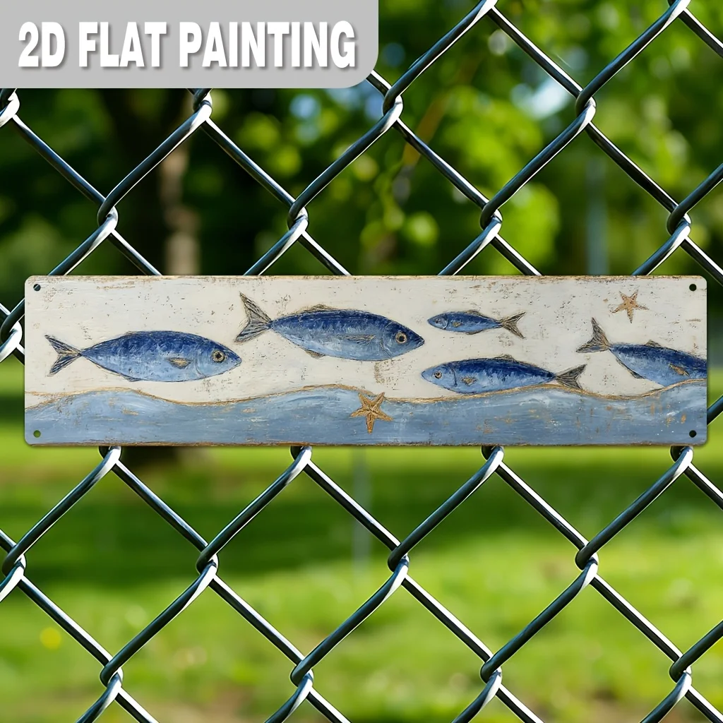 Home Decor Signs and Wall Plaques, Blue Fish-shaped Metal Sign, Nautical Wall Decor, Suitable for Home,, Bathroom, Beach House