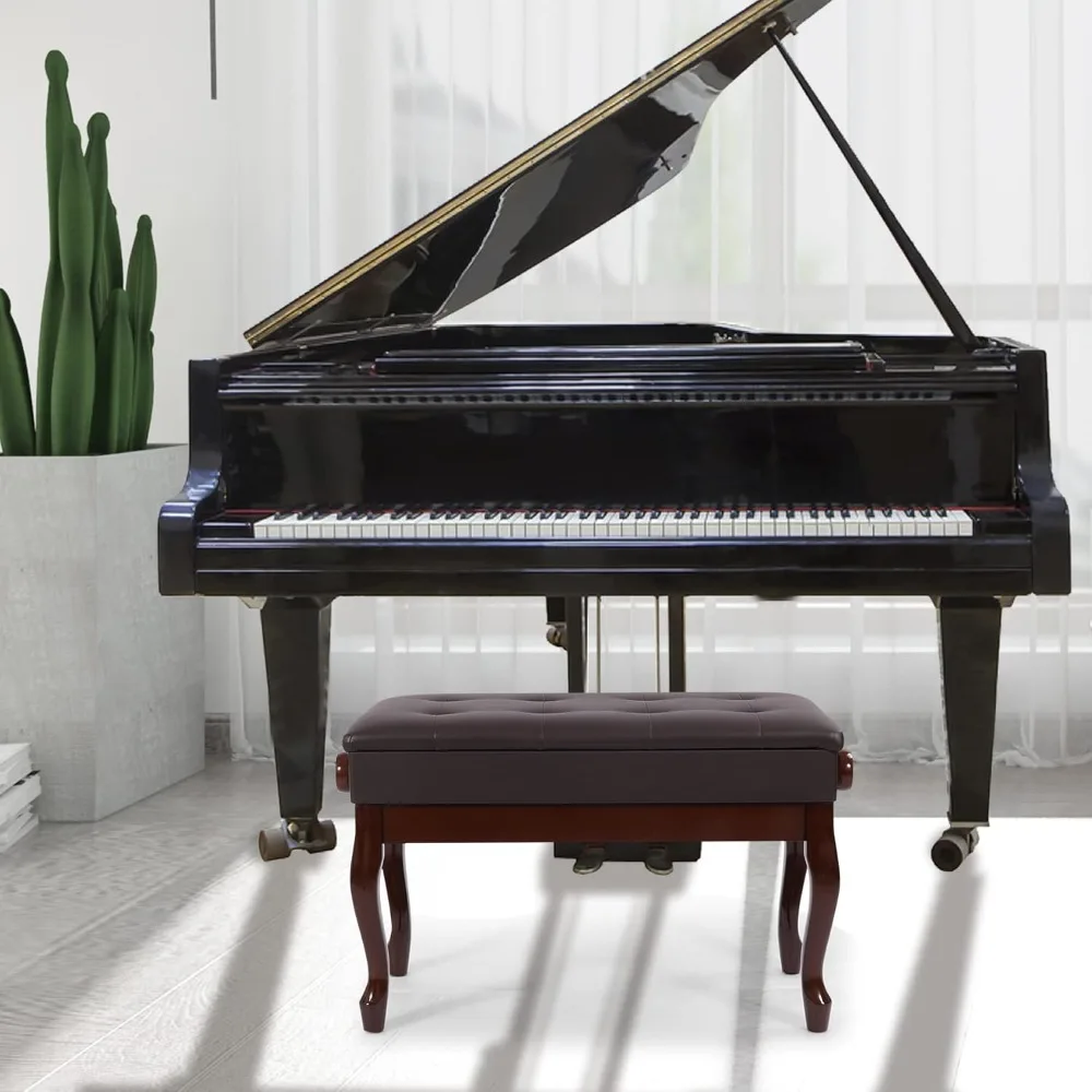 収納付きデュエットピアノベンチ、頑丈な木製ダブルキーボードピアノベンチシート、PUレザークッション付き、ブラウン