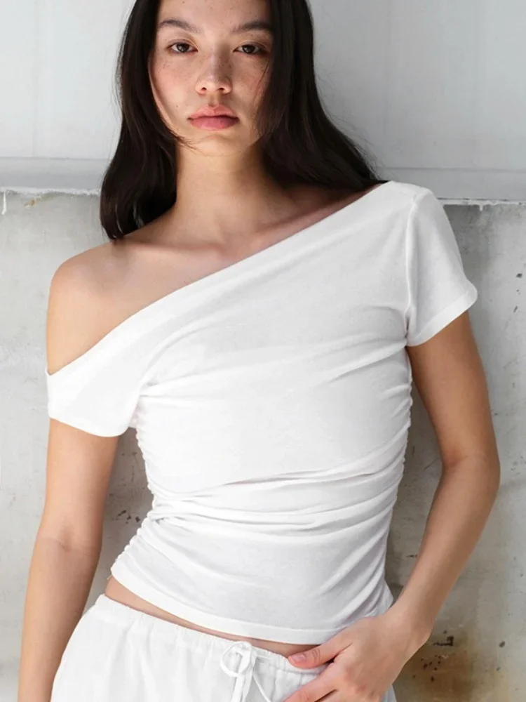 Summer Fashion Sexy Solid Colours Women Clothing Casual Short Sleeve Slash Neck Shirts For Women One Shoulder Streetwear Y2k Top