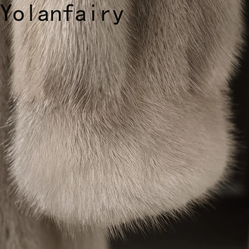 YOLANFAIRY ماركة معطف الفرو الطبيعي امرأة المنك سترة الشتاء منتصف طول الفاخرة 2025 معاطف فرو المنك كاملة الوقوف طوق الرمادي جاكيتات