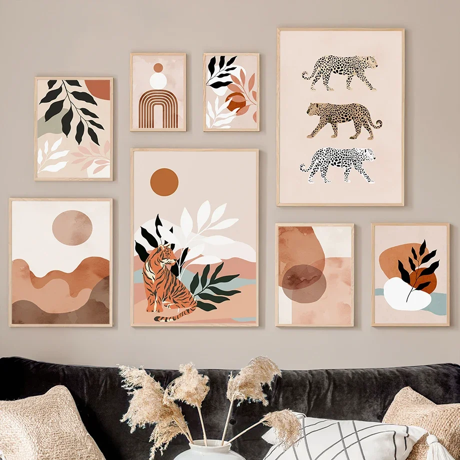1PC frameless decorative art print,Boho Tiger Leopard Leaves Mountain Sun Landscape Wall Art Canvas Painting Abstract Posters Pr