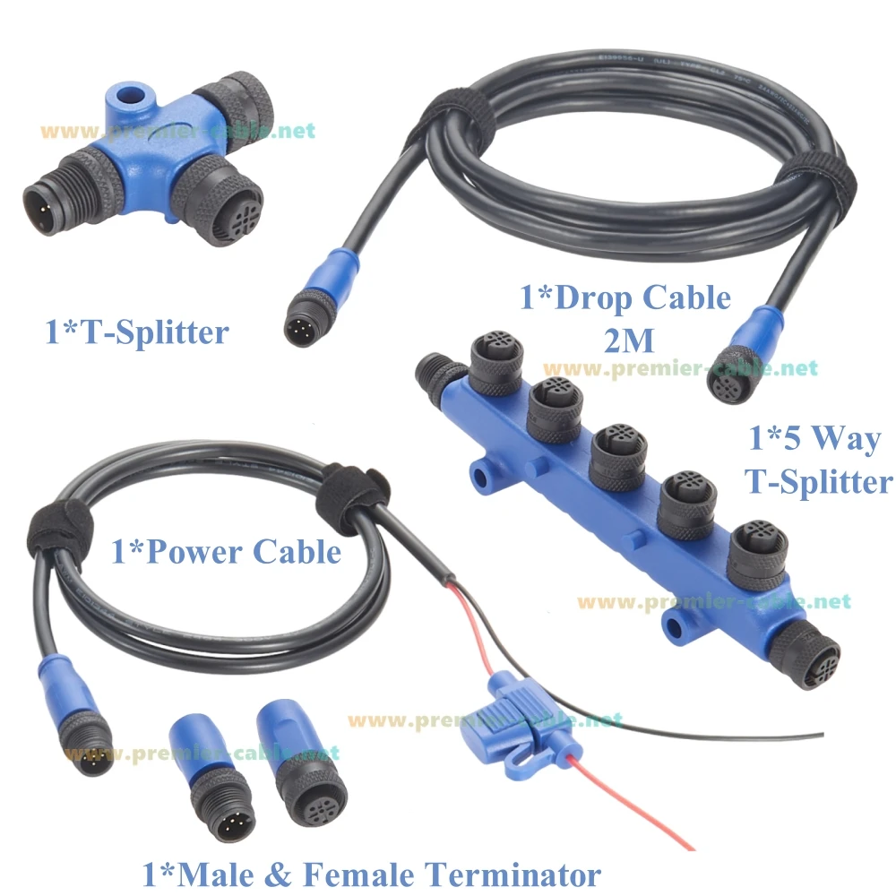 NMEA 2000 N2K Starter Kit Marine Grade Backbone Drop Cable 5 Way T-Splitter Tees Terminators Power Cable for Lowrance Simrad B&G