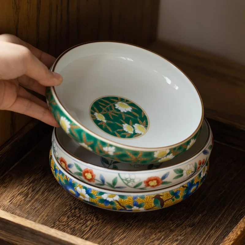 Japanese-Style Imari Yellow Flower & Bird Ceramic Deep Plate, Round Shallow Bowl, Side Dish, Vintage Rice Plate
