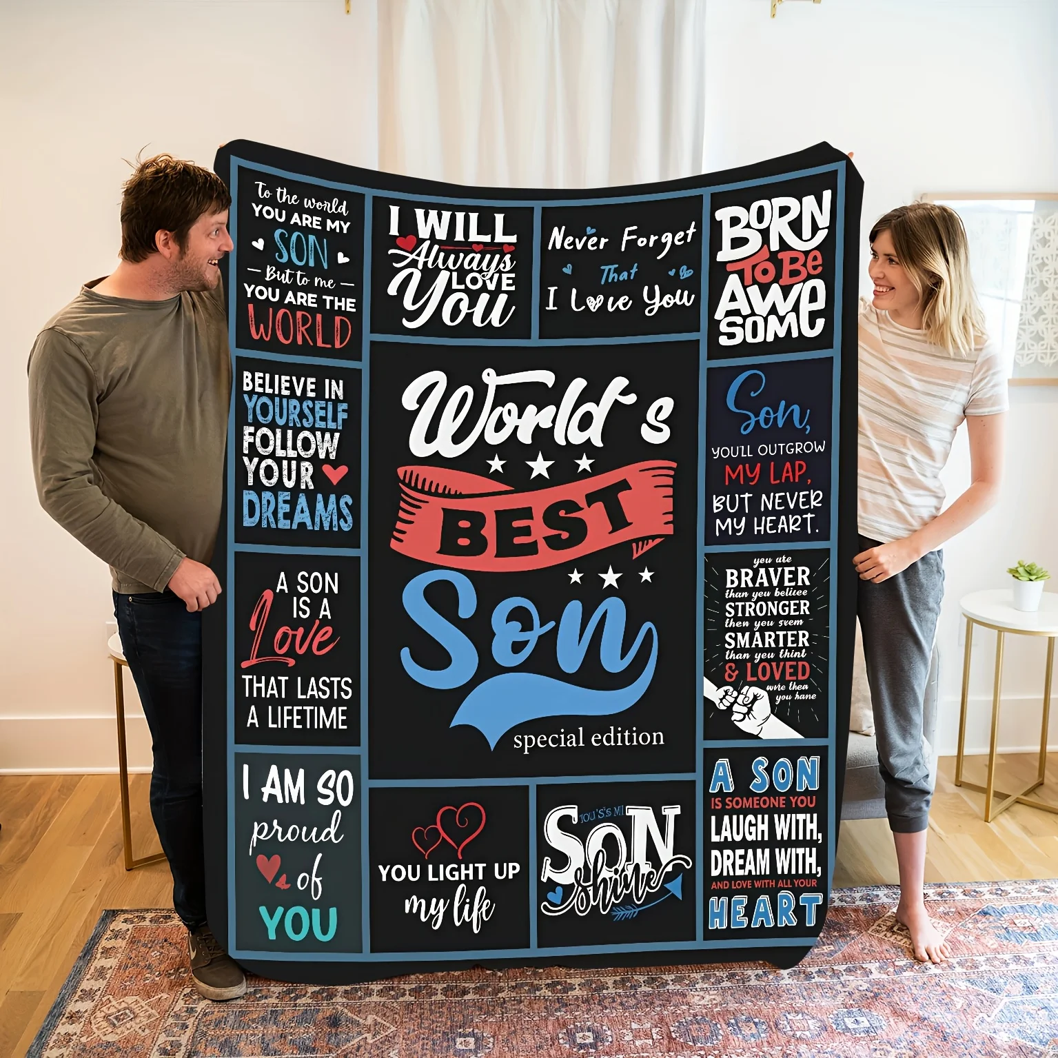 1pc Comfortable Transferring Love and Warmth to the World's Best Son French Theme Pattern Printed Flannel Blanket, Fashionable,