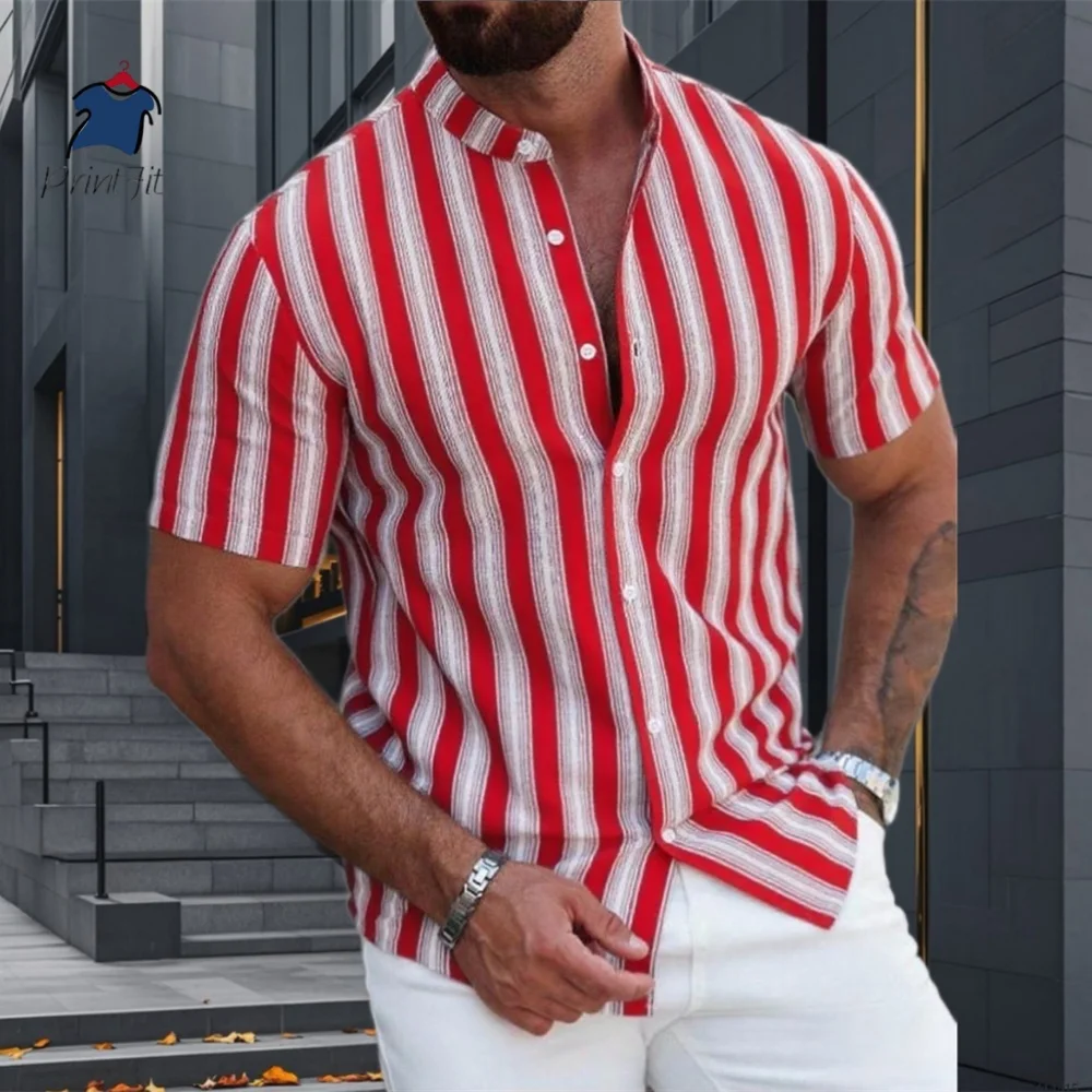 Men's Stand Collar Striped Casual Fashion Short Sleeve Shirt Texture Print Summer Hawaiian Vacation Tops S-6XL Men's clothing