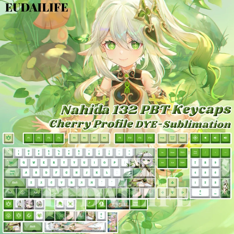 Genshin Impact Nahida 132 Key Cover PBT DYE Sublimation Cherry MX Cross Axis Switch Keycap for Mechanical Keyboard Game Gift