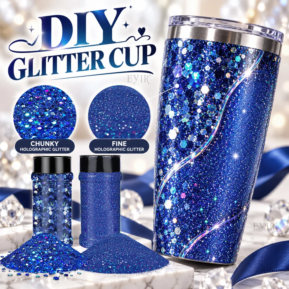 EYIR Blue Glitter Set 2PCS 50g Chunky Glitter 80g Fine Holographic Glitter for Resin Tumblers Christmas Ornaments DIY Crafts