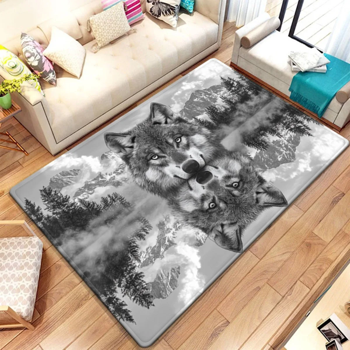 1pc 2D Flat Rectangular Floor Mat, Wolf Reflection HD Printed Rug, Home Decor, Suitable for Kitchen, Bathroom, Living Room