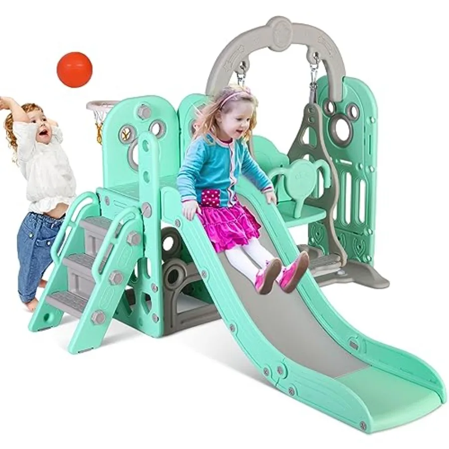 

7 in 1 Toddler Slide and Swing Set Climber Playset with Ball Hoop Telescope Suction Cup Reinforced Base Baby Indoor Outdoor Pla