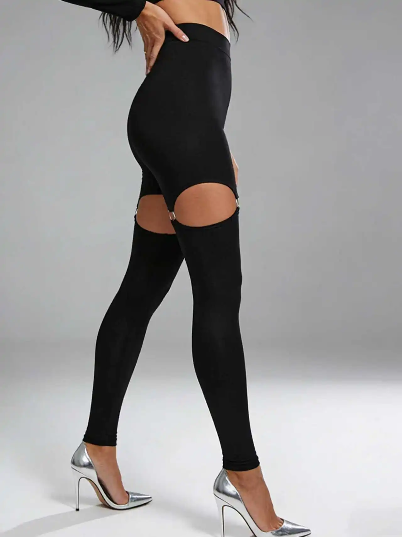 European And American High-waisted Glossy Shimmering Sexy Cut-out Base Pants With Circular Design And Tight-fitting Style