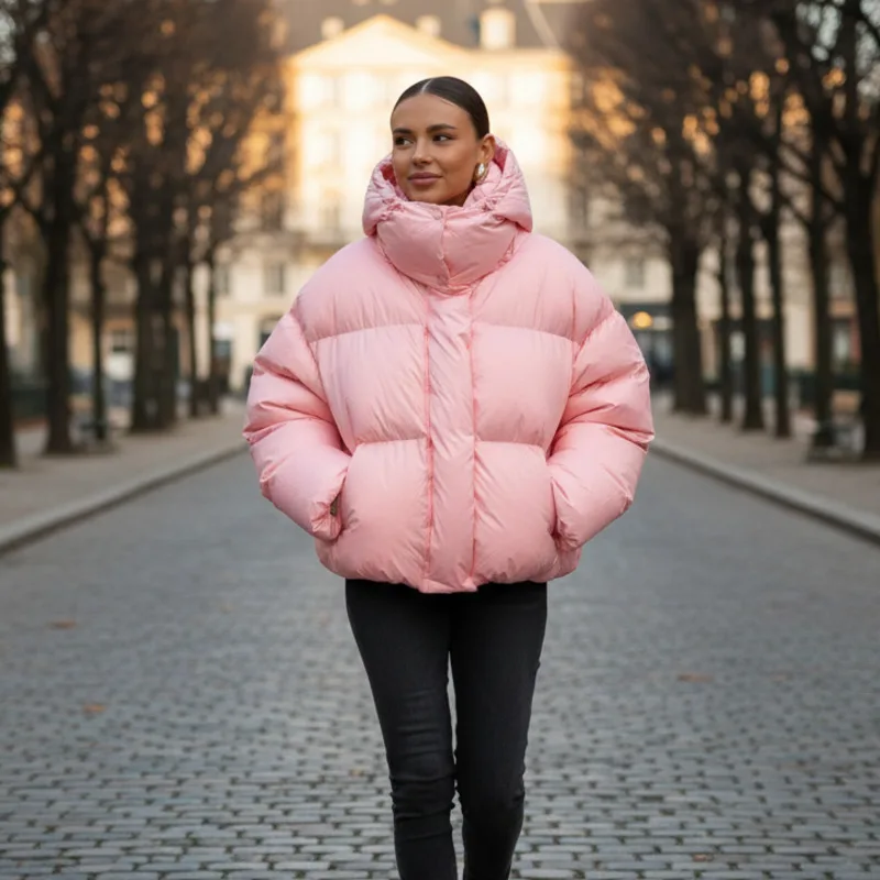 

Elegant Women's Winter Puffer Jacket Pink Hooded Cotton Coat Warm Thick Outerwear Fashion Loose Fit For Daily Street Casual Wear