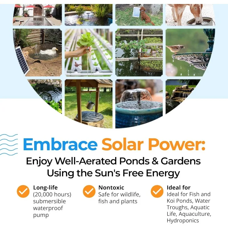 12-Watt Solar Pond Aerator Kit with 5 Air Stones, Sun-Powered, Easy-to-Install & Maintenance-Free Outdoor Aerator for Fish Ponds