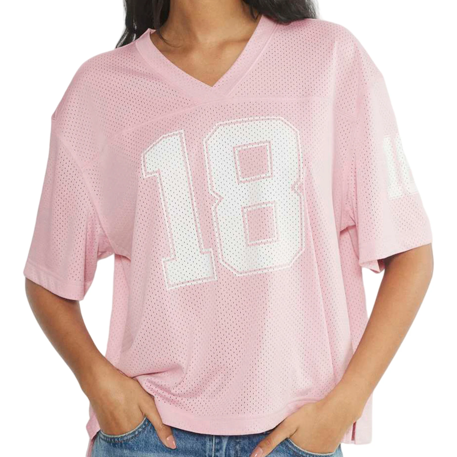 Women's Summer Casual Jersey Tee Short Sleeve Number Print V Neck Loose Fit Tops