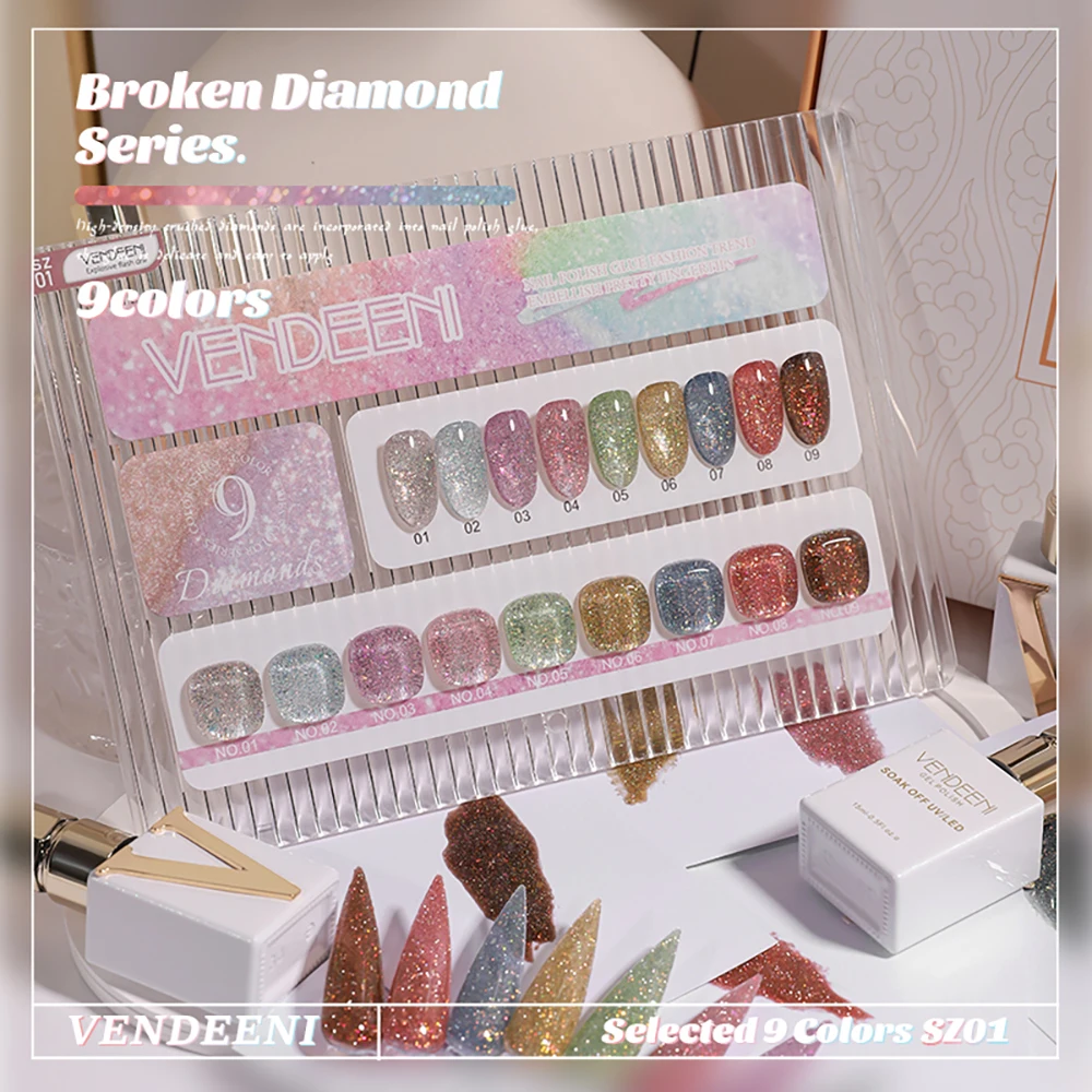 Vendeeni 9 Color/Set Rainbow Glitter Gel Nail Polish Sparkling Broken Diamond Nail Art Gel Varnish Flash UV Soak Off Gel Lacquer