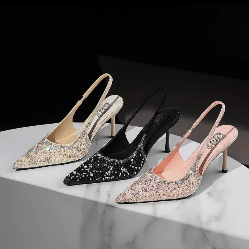 Sequin Shiny Crystal High Heels for Woman Luxury Designer String Bead Pointed Toe Pumps Elegant Slingback Wedding Bridal Shoes