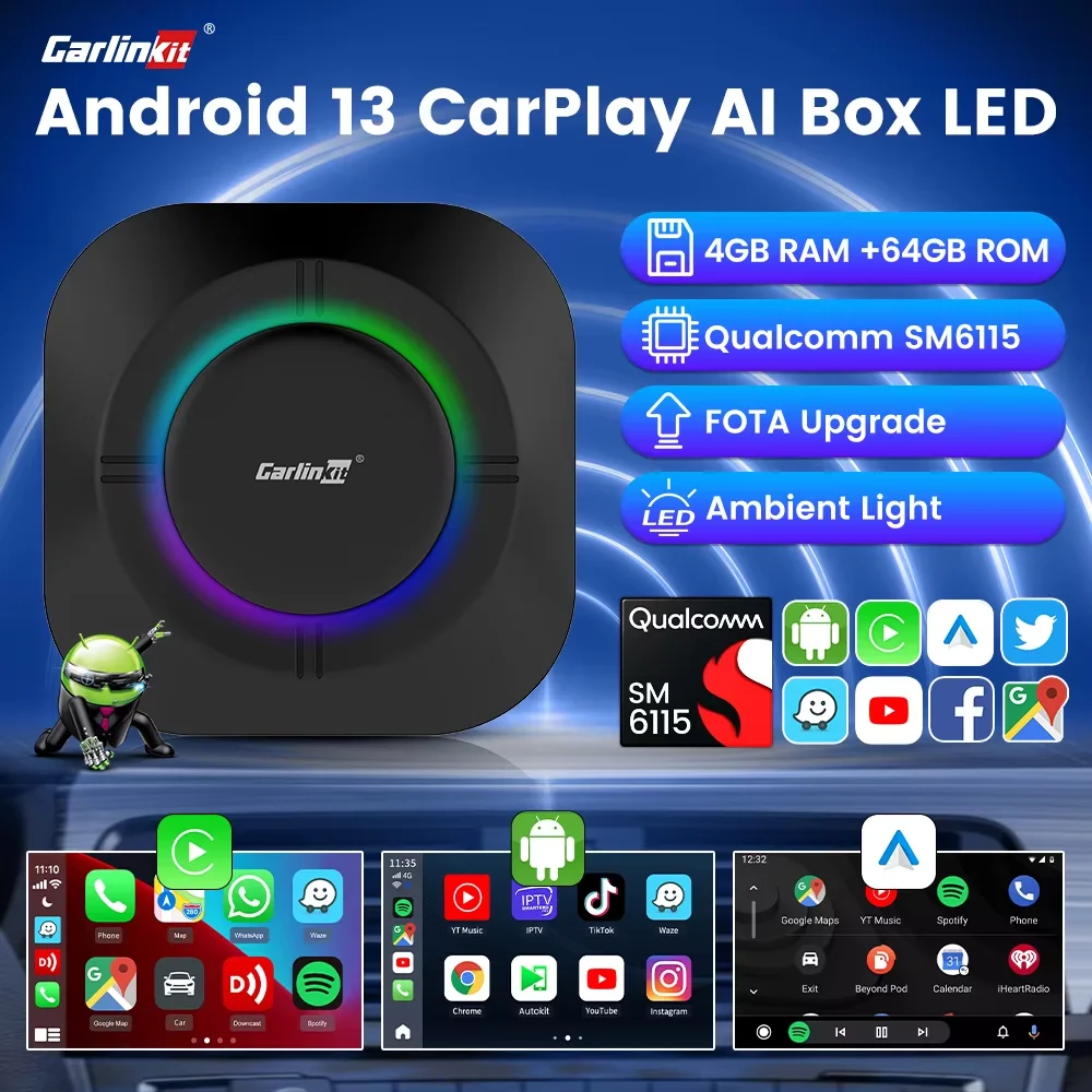 CarlinKit S2 CarPlay Ai Box LED Android 13 Streaming Box 64G/128G Qualcomm 8-Core Split Screen Car Intelligent System Play Video