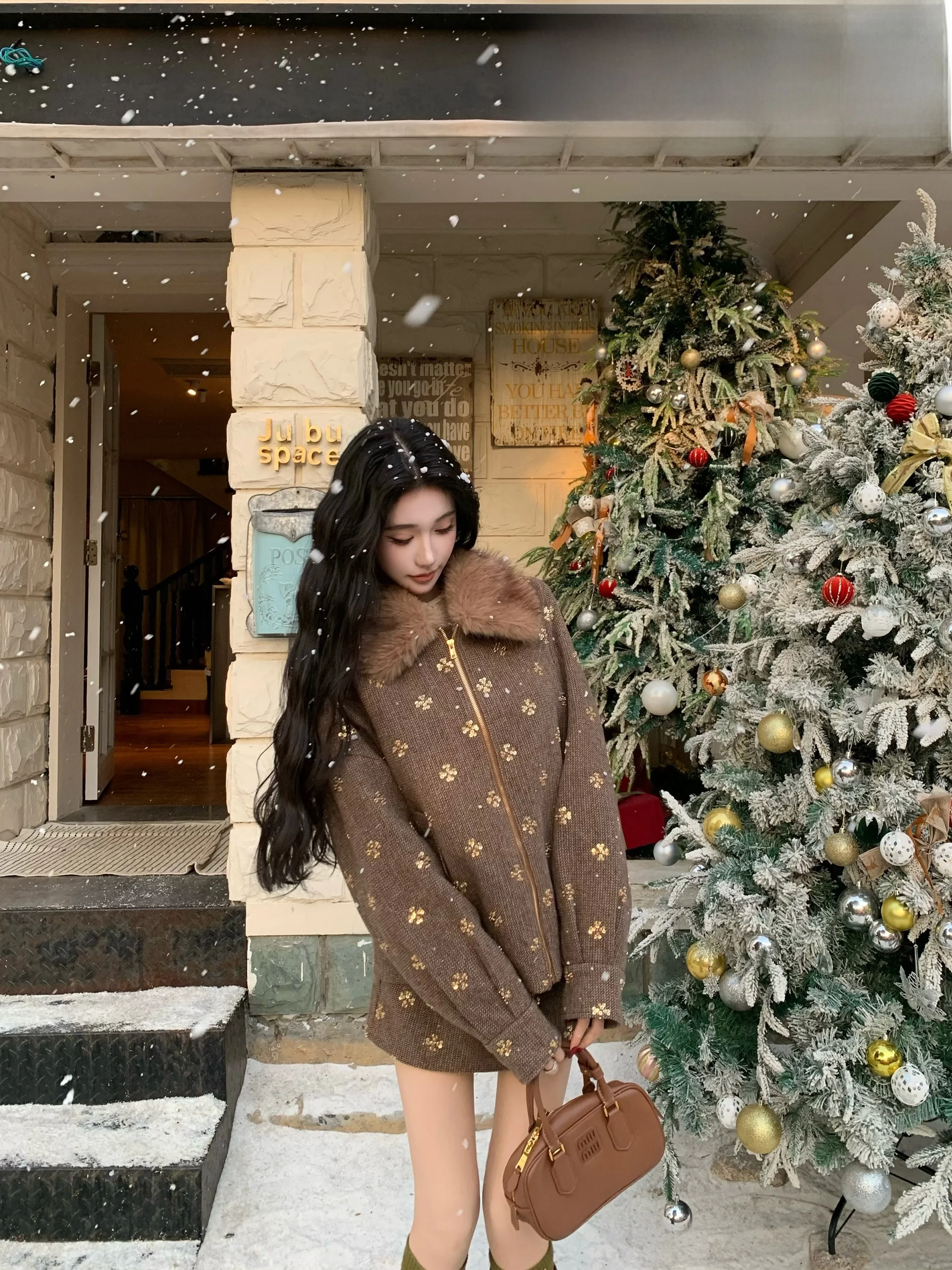 

Barb Chill Winter Wool Cotton ort Jaet Set Women's Faionable Vintage Sle Print Pattern Warm Fluffy Inner Fce Coat