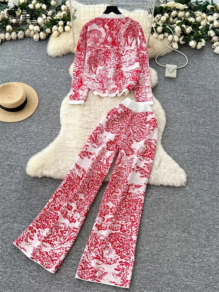 Winter Women Print 2pcs Sets O Neck Single Breasted Cardigan+Wide Leg Pants Autumn Senior Casual Knit Outfits 2025костюм женский