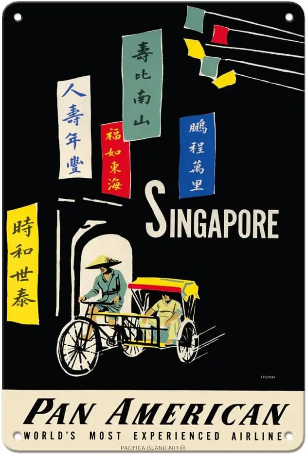 Singapore - Pan American World Airways Vintage Airline Travel Poster by Aaron Amspoker c.1950s  Metal Tin Sign