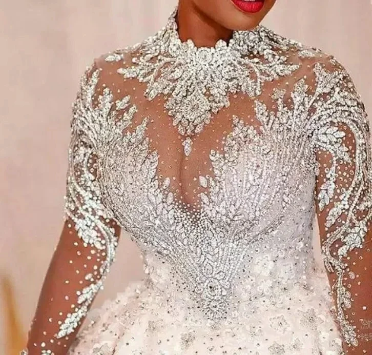 ชุดแต่งงานทรงบอลไซส์พลัสแบบกำหนดเอง แต่งลูกไม้ประดับด้วยลูกปัด คอสูง แขนยาวสำหรับชาวมุสลิม ตัดเย็บตามสั่ง สไตล์ดูไบ อาหรับ