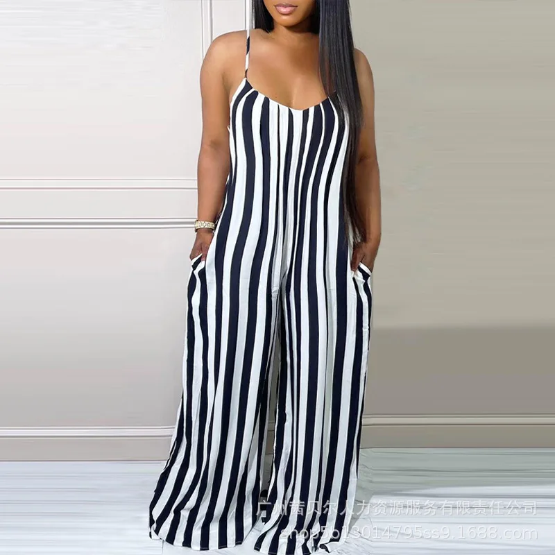 Fashion Womens Rompers New Striped Pocket Casual Jumpsuit for Women