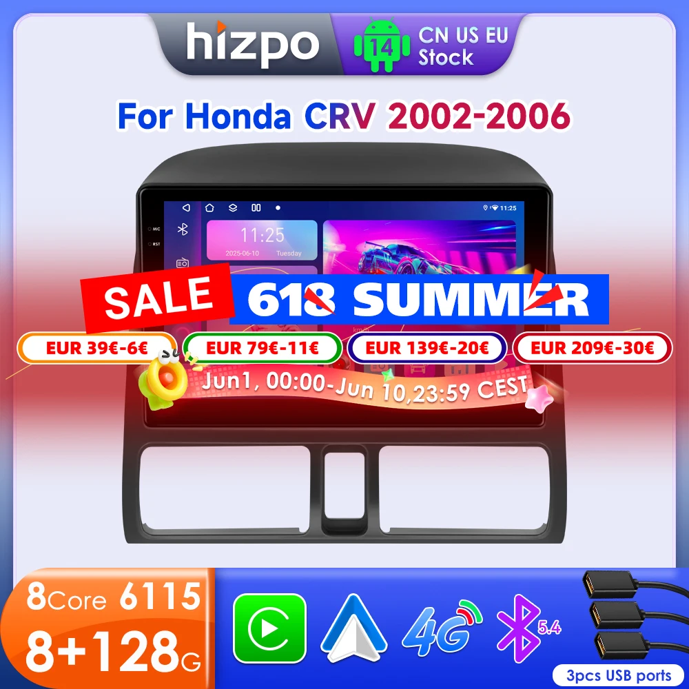 Hizpo AI Voice Radio For Honda CR-V CRV 2 2002 - 2006 Stereo Head Unit Android Auto Car Multimedia Video Player Carplay GPS 2din