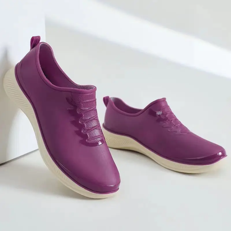 

2024 New Women's Summer Shallow Flat Sole Rain Shoes Soft Sole Non Slip Waterproof Slip-On Kitchen Work Shoes