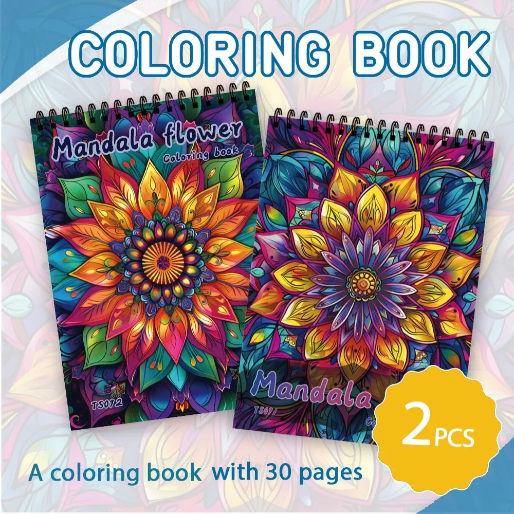 2Pcs,Mandala  Book, Adult Coloring Book, Fun  Book, 11.2x8.26 Inch 30 Page Spiral Coloring Book-100g Heavy Paper