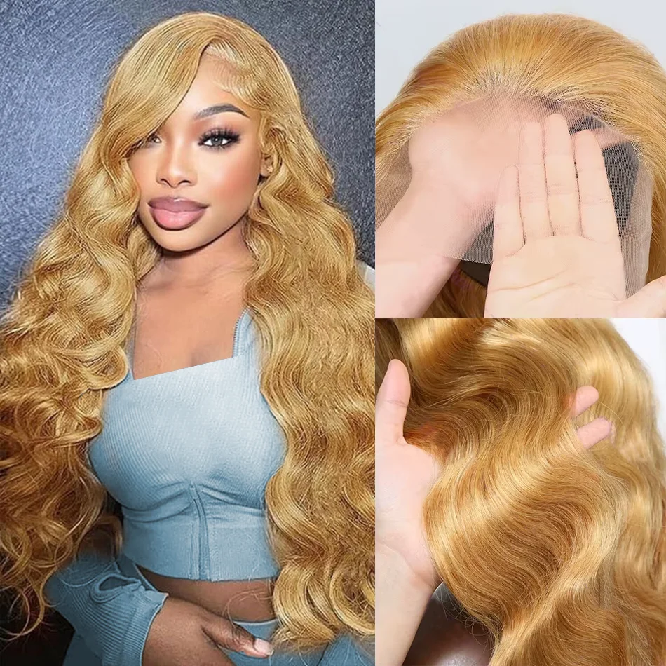 Peruca de Cabelo Humano Loiro Mel 13X6 com Ondas Corporais, Peruca Frontal de Renda HD Colorida 27, Peruca Frontal de Renda Brasileira 250 Densidade para Mulheres 30 Polegadas