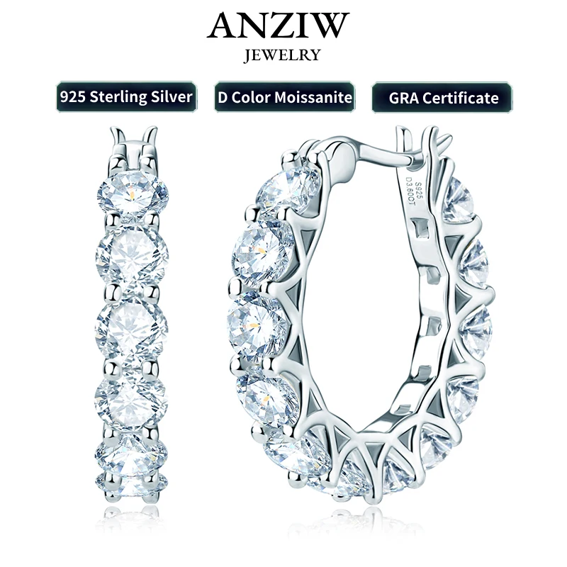 

Anziw Luxury Hoops Sparking Full 3mm/4mm Moissanite Earrings Solid Silver 925 for Women Huggie Wedding Engagement Jewelry Gifts