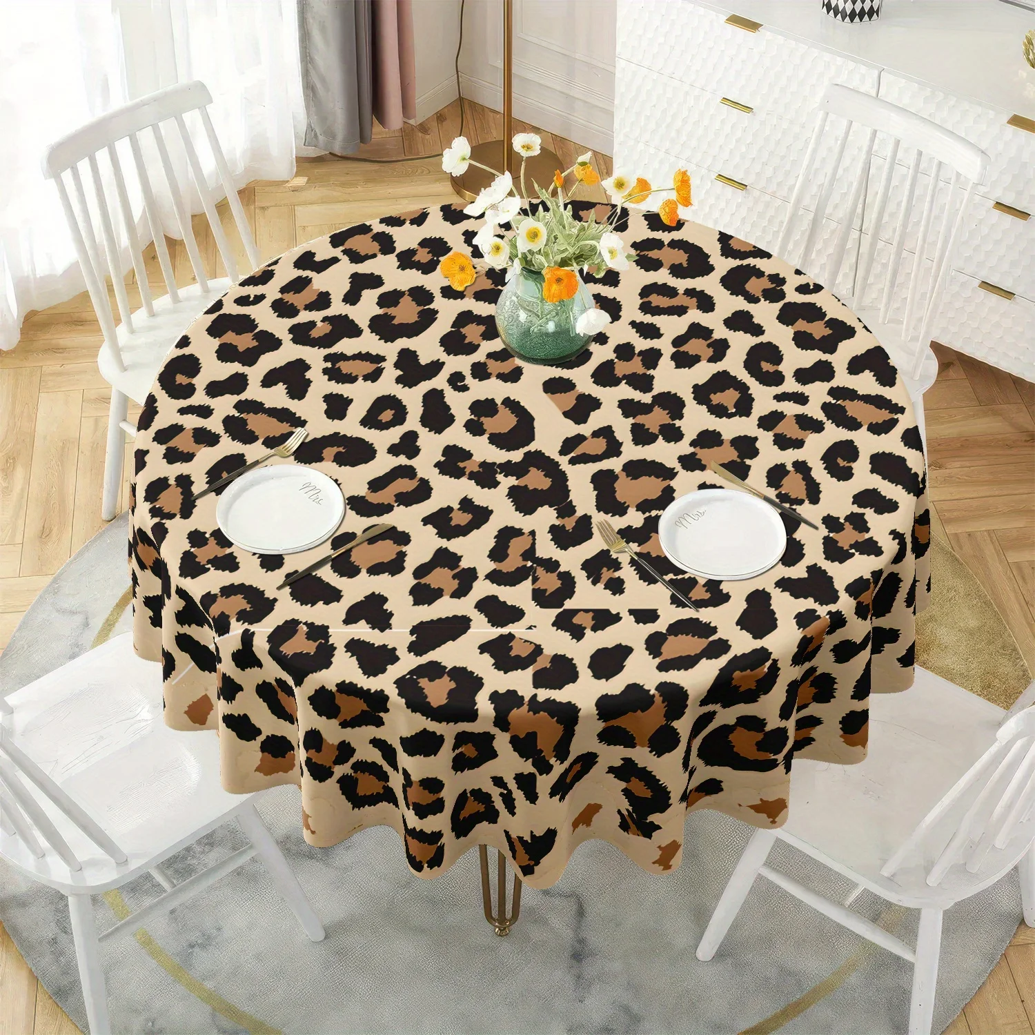 A classic leopard print pattern round table cloth instantly enhances the home fashion index and adds a unique wild atmosphere