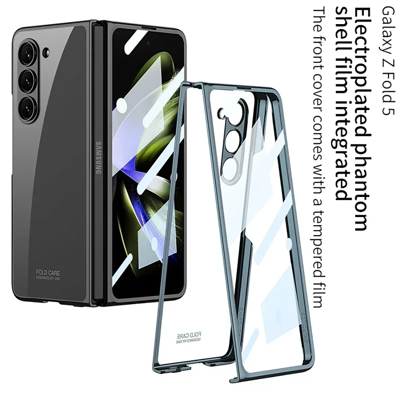 For Samsung Galaxy Z Fold 7 Fold6 5 Case Luxury Electroplated Transparent With Tempered Glass Folding Shockproof Hard Back Cover