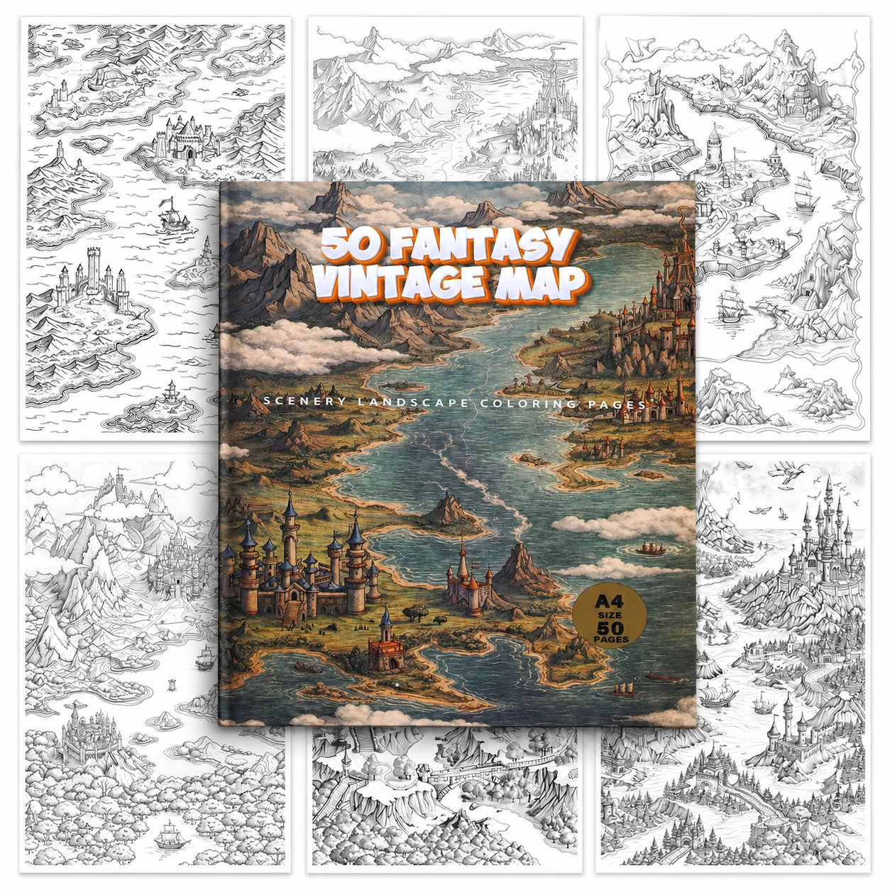 livro-de-colorir-mapas-de-fantasia-a4-edicao-fisica-50-folhas-paginas-de-colorir-paisagens-vintage-mapas-detalhados-em-tons-de-cinza-ilha-mistica