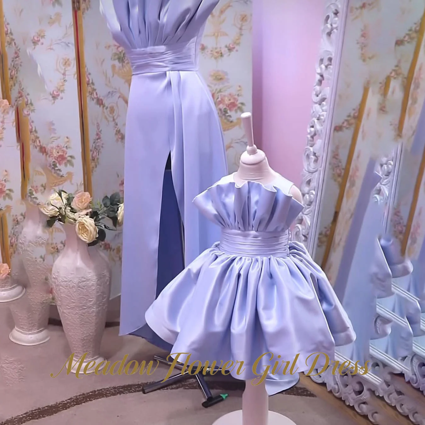 

Meadow Lavender Satin Princess Girls Dress Sleeveless First Communion Gown Pleated Waistband Children Birthday Wedding Dresses