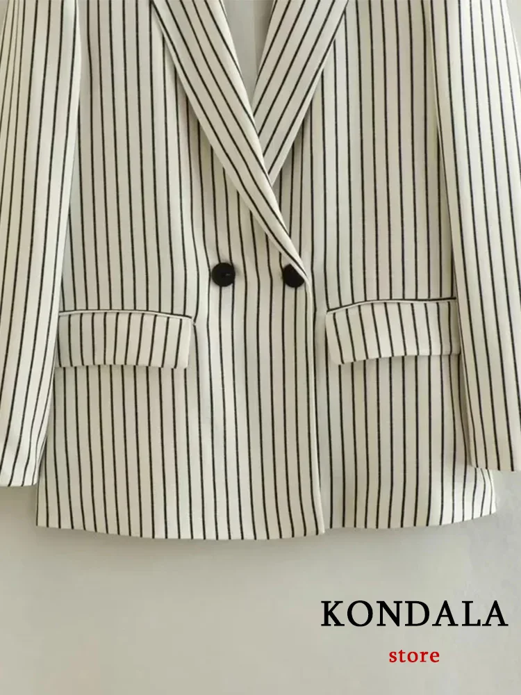 KONDALA Vintage Women Suit Stripe V Neck Single Button Pockets Blazer+Straight Loose Pants Fashion 2023 Summer Office Lady Sets