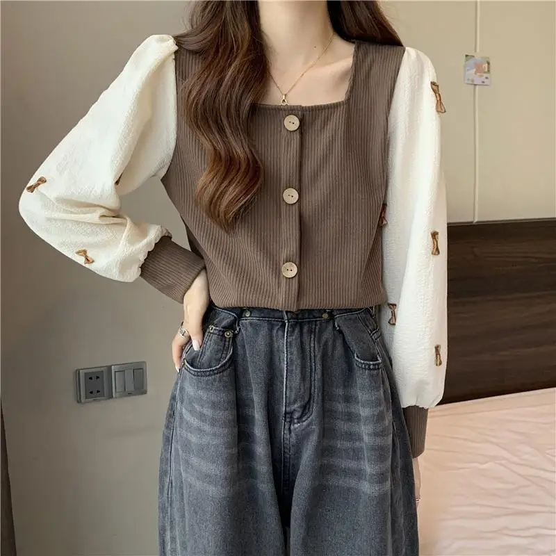 French Retro Long Sleeved Shirt Top for Women This Year's Popular Patchwork Design Sense Short Style Slimming Cardigan