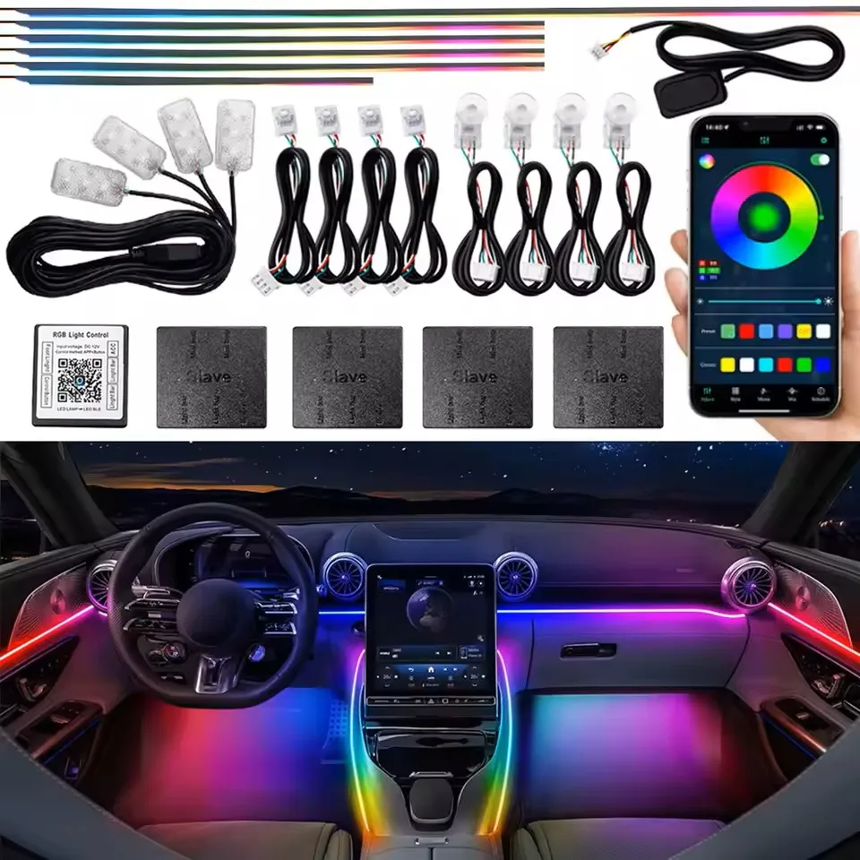 18-in-1 128 colorful RGB Symphony Car Ambient Interior LED Universal Multiple Modes Decoration Atmosphere Lights App Control