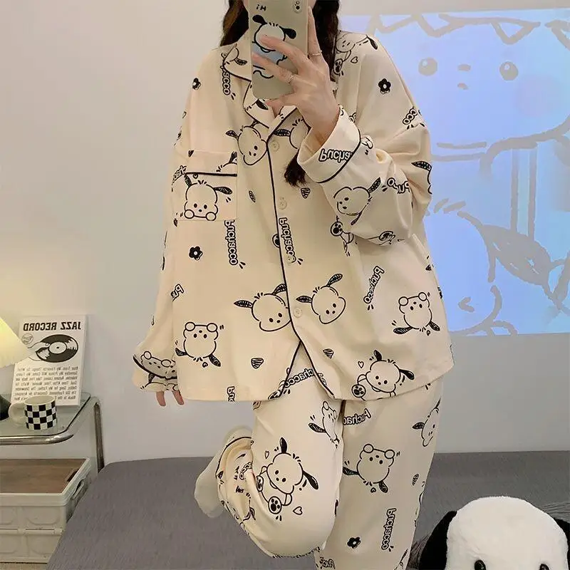 

Женский пижамный комплект Sanrio Hello Kitty, мягкая домашняя одежда больших размеров, весенне-осенняя одежда с длинными рукавами, новая свободная одежда в корейском стиле
