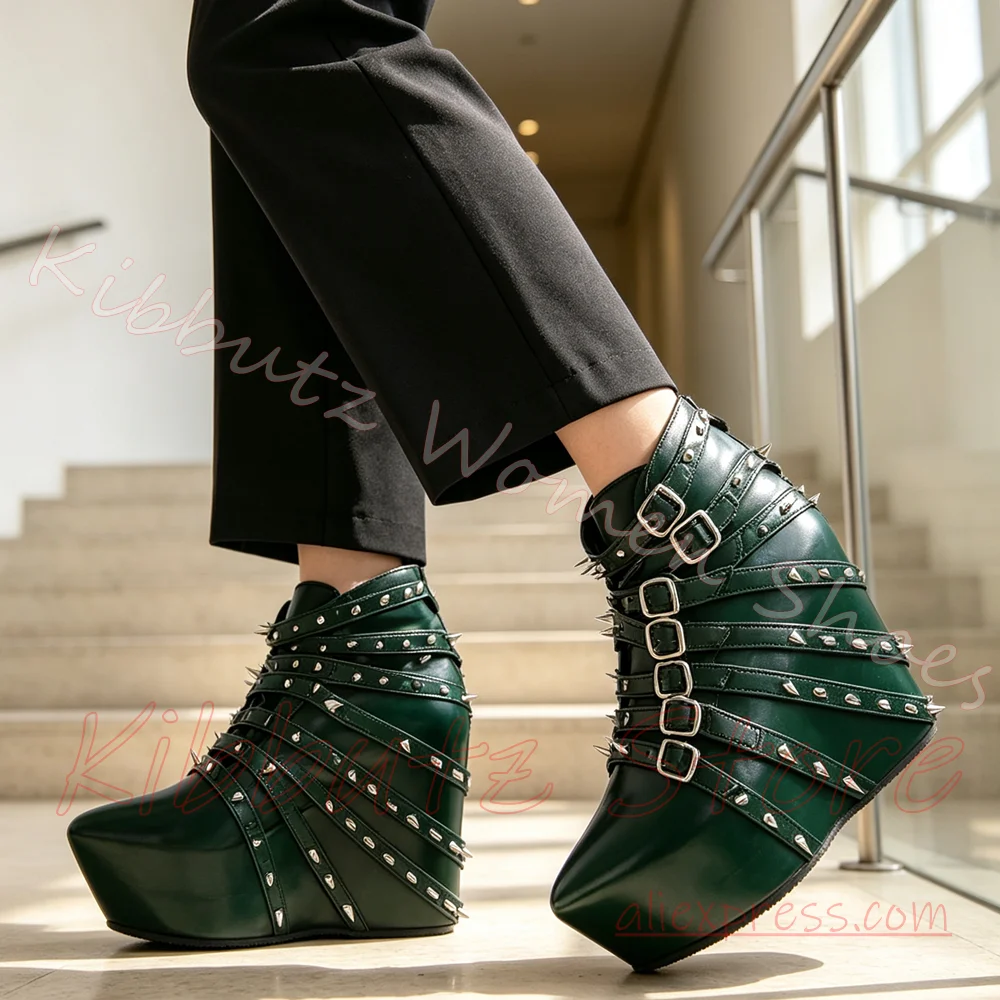 Wedge Platform Ankle Boots Women Multi Buckle Strap Spike Rivet Goth Punk Streetwear Leather Footwear Solid Color Elegant Luxury