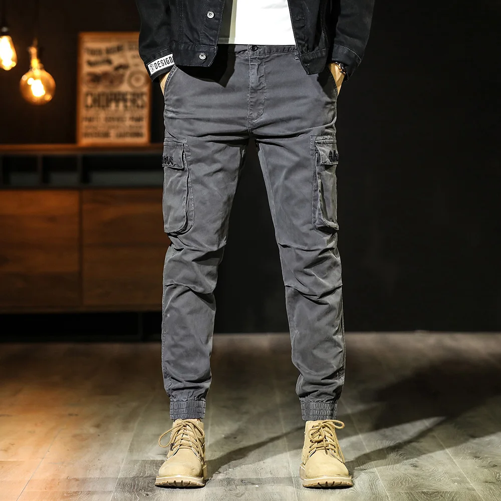 

American Retro Men's Work Pants Straight Leg Slim Fit Elastic Multi-ket Casual Trousers Youthful Vitali Sle Cotton Blend