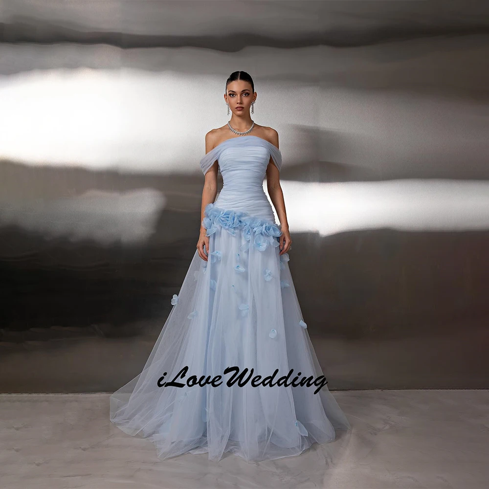 

Customized Blue 3D Flower Applique Evening Dress Off The Shoulder A Line Formal Occasion Dresses Elegant Modern Prom Gown 2026