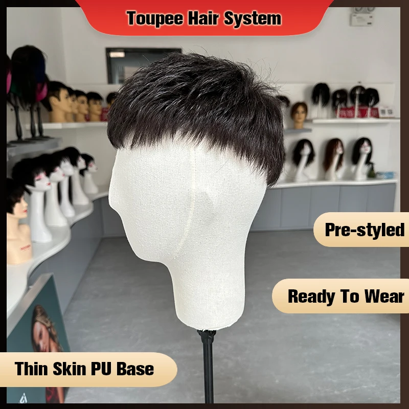 Toupee For Men Human Hair Pre Styled Thin Skin PU Base Black Hair Piece Hair Replacement Systems Men's Wigs Protesis Male Choice