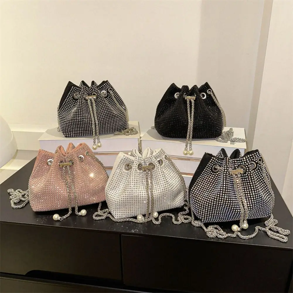 

Elegant Shiny Evening Banquet Bag Handbag Small Purse Rhinestone Shoulder Bag Korean Style Mini Bucket Bag Women