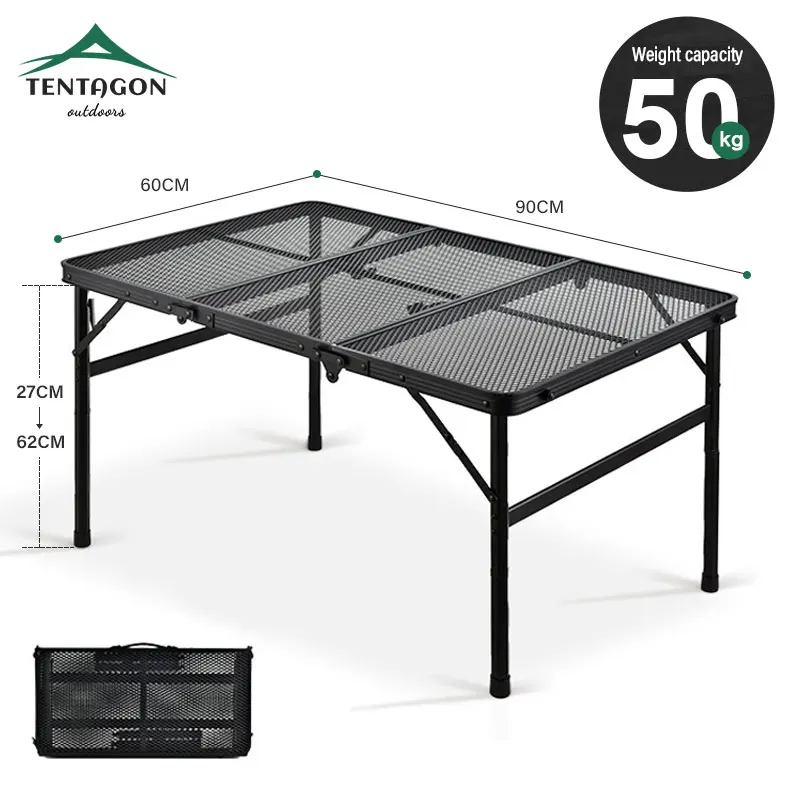 3-Fold Camping Table Portable Lightweight Picnic Tourist Table Aluminum Alloy Frame lron Mesh Outdoor BBQ Liftable Table Desk