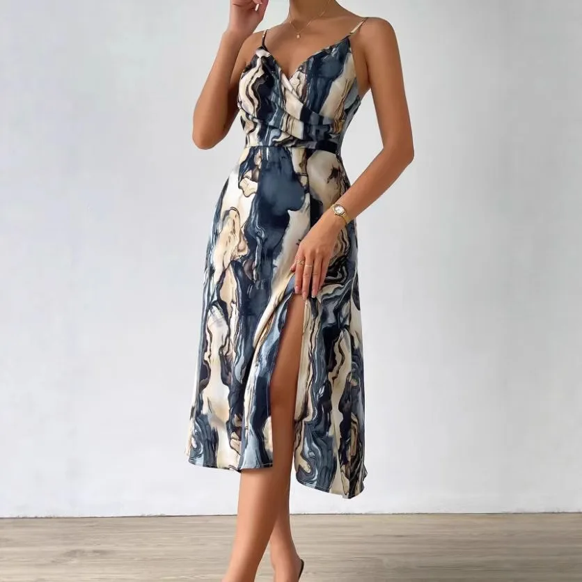 

2025 Autumn New Fashionable Printed Embroidered Split Long Sleeve V-neck Dress for Women, Elegant Dress Robe Vestido Women Party